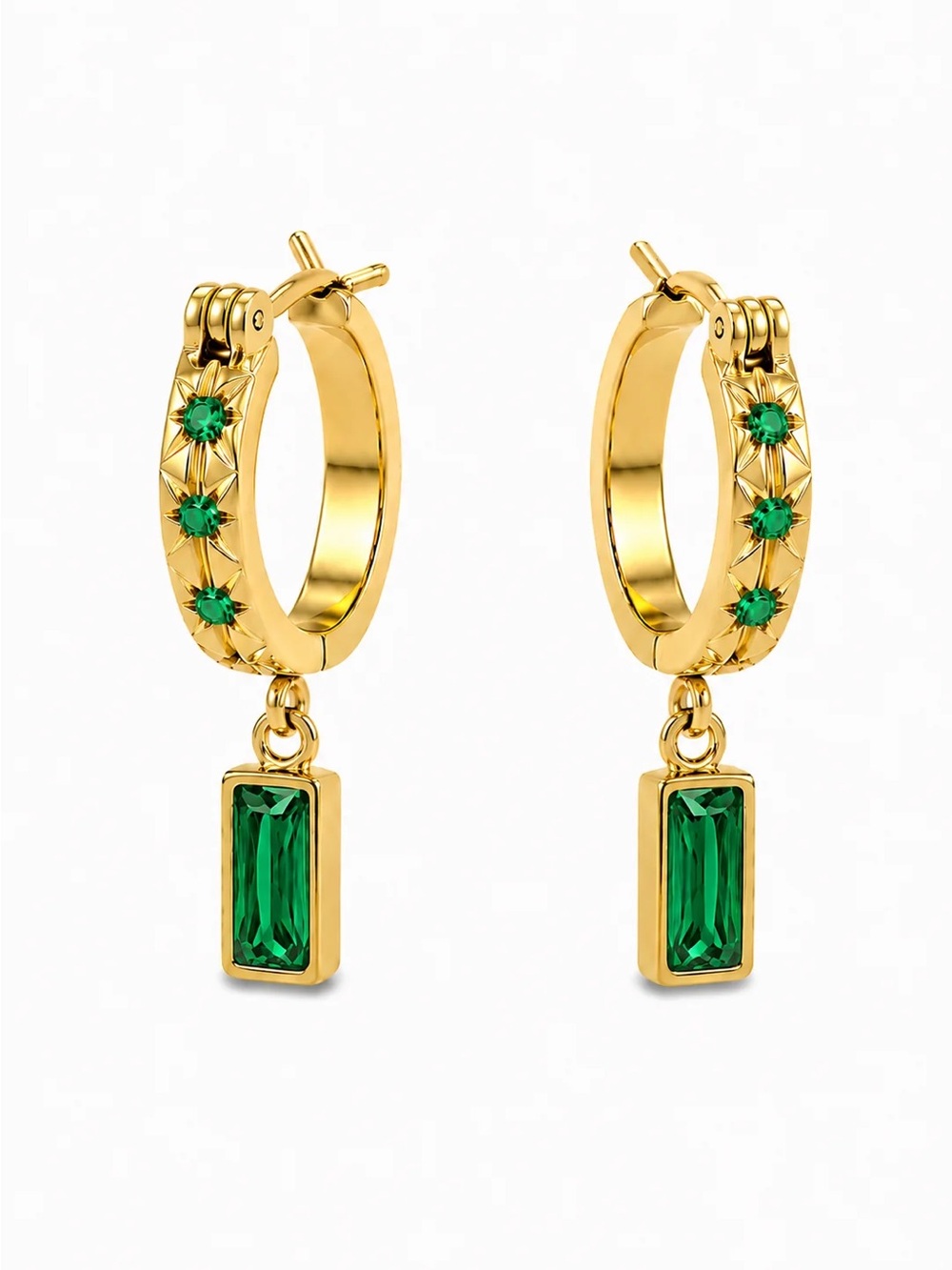 Small Hoop Drop Earrings with Emerald Green Stones